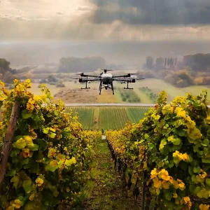 DJI Agras T30 fliegt über Weingarten und besprüht die Weinreben, um Pilzerkrankungen zu behandeln