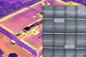 Drohnen Flugservice PV Inspektion: Infrarotbild von defektem PV Modulen und Gesamtgebäude