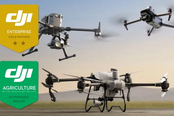 DJI Agras T50, Mavic 3M, Matrice 350 Drohnen mit DJI Enterprise Gold Parnter und DJI Agriculture Dealer Logo