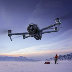 DJI Mavic 4 pro Imagebild: Drohne mit Schnelllandschaft im Hintergrund und Bergsteiger steuert die Drohne