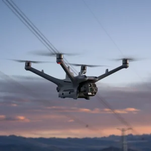 DJI Matrice 4TD im Flug mit Hochspannungsleitungen im Hintergrund