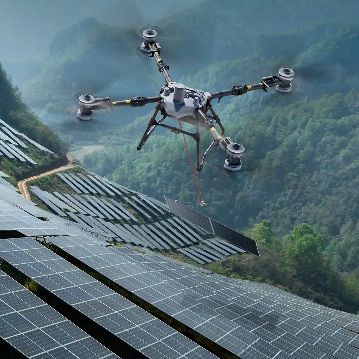 DJI Agras T100 im Flug transportiert PV Modul