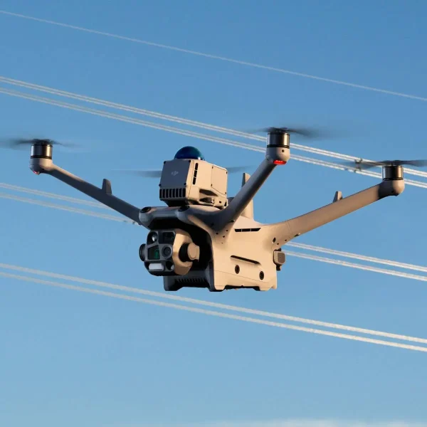 DJI Matrice 4D Drohne mit Hinderniserkennungsmodul fliegt vor Stromleitungen