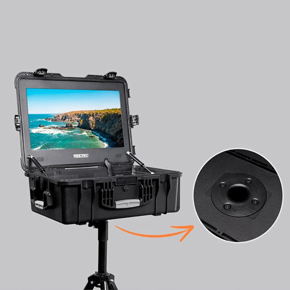 Seetec WPC 216 Monitorkoffer mit Stativ und Detail Stativaufnahme
