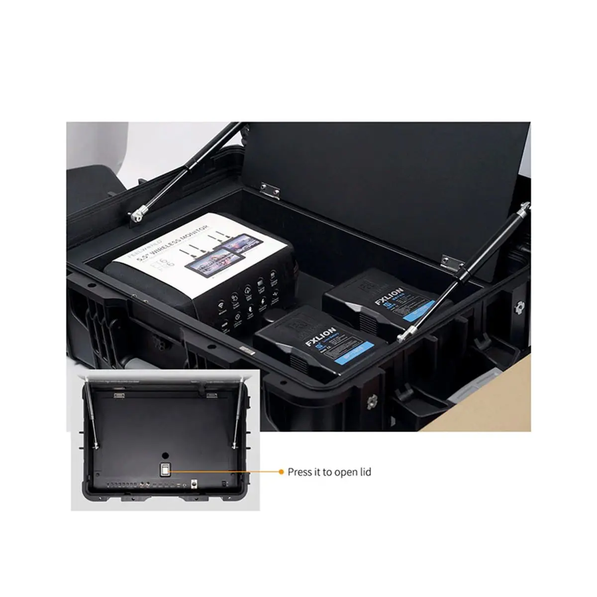 Seetec WPC 216 Monitorkoffer Detail Stauraumfach mit Equipment