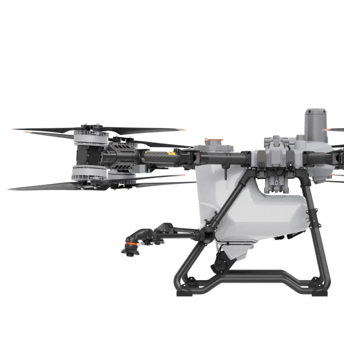 DJI LS100 Duales Sprühsystem montiert auf DJI T100 Drohne - Produktfoto seitlich