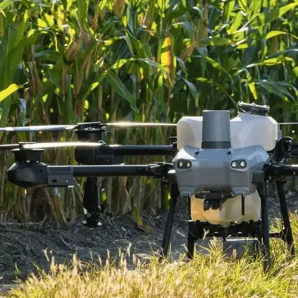 DJI Agrardrohne Agras T25 steht vor Maisfeld
