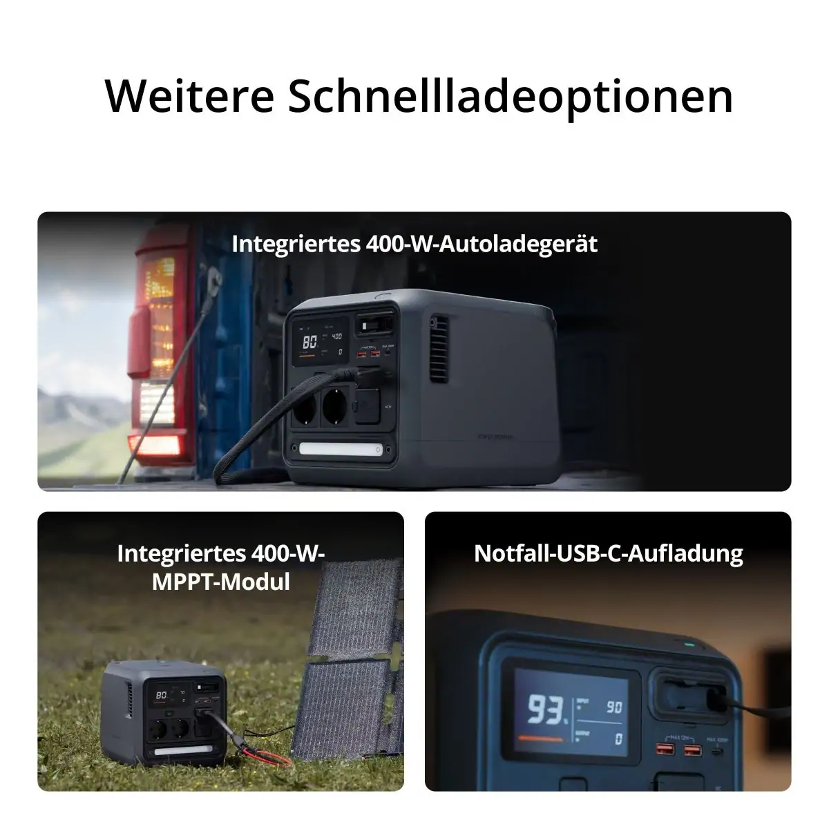 Visualisierungen der integrierten MPP und Auto Auflade Funktione der DJI Power 1000 Mini