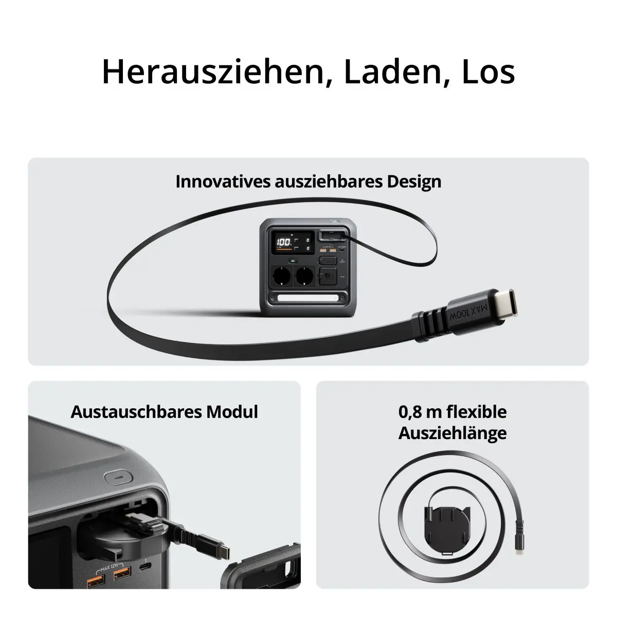 Visualisierungen der Funktionen des ausziehbaren USB-C Kabels der DJI Power 1000 Mini